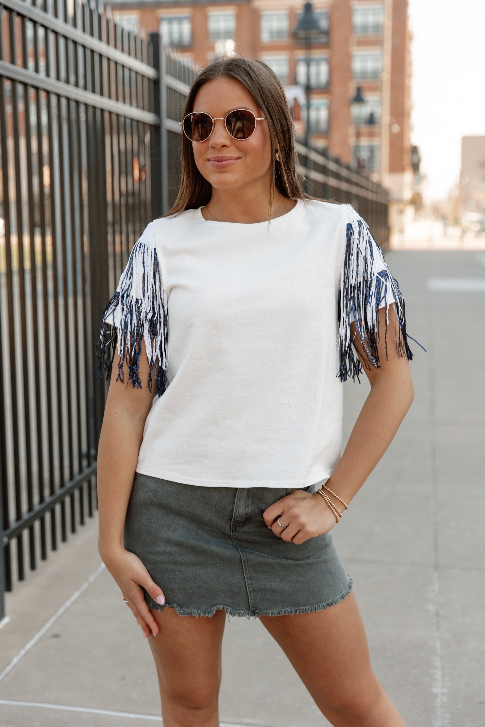 REBEL SEQUIN FRINGE SHORT SLEEVE BLOUSE