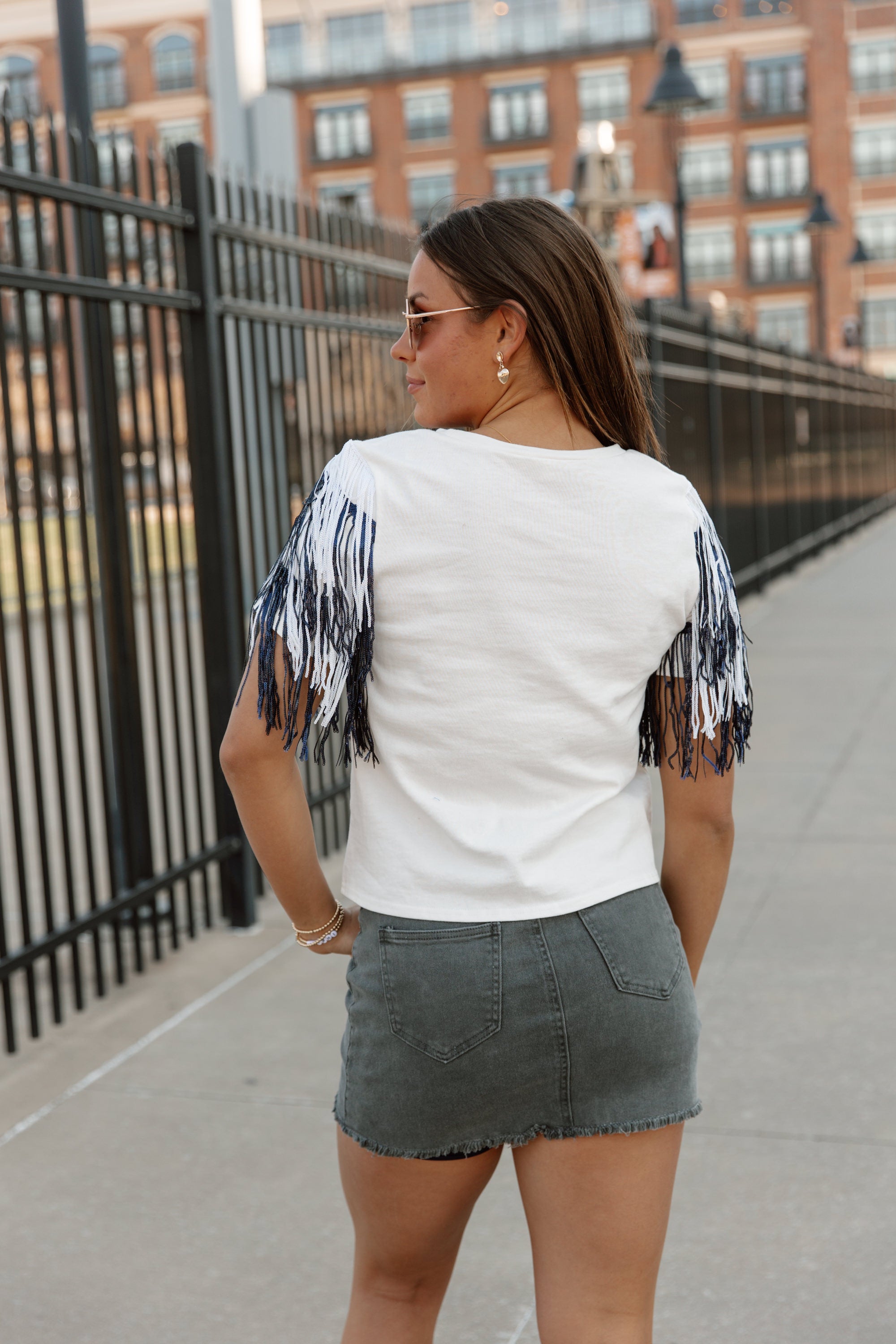 REBEL SEQUIN FRINGE SHORT SLEEVE BLOUSE