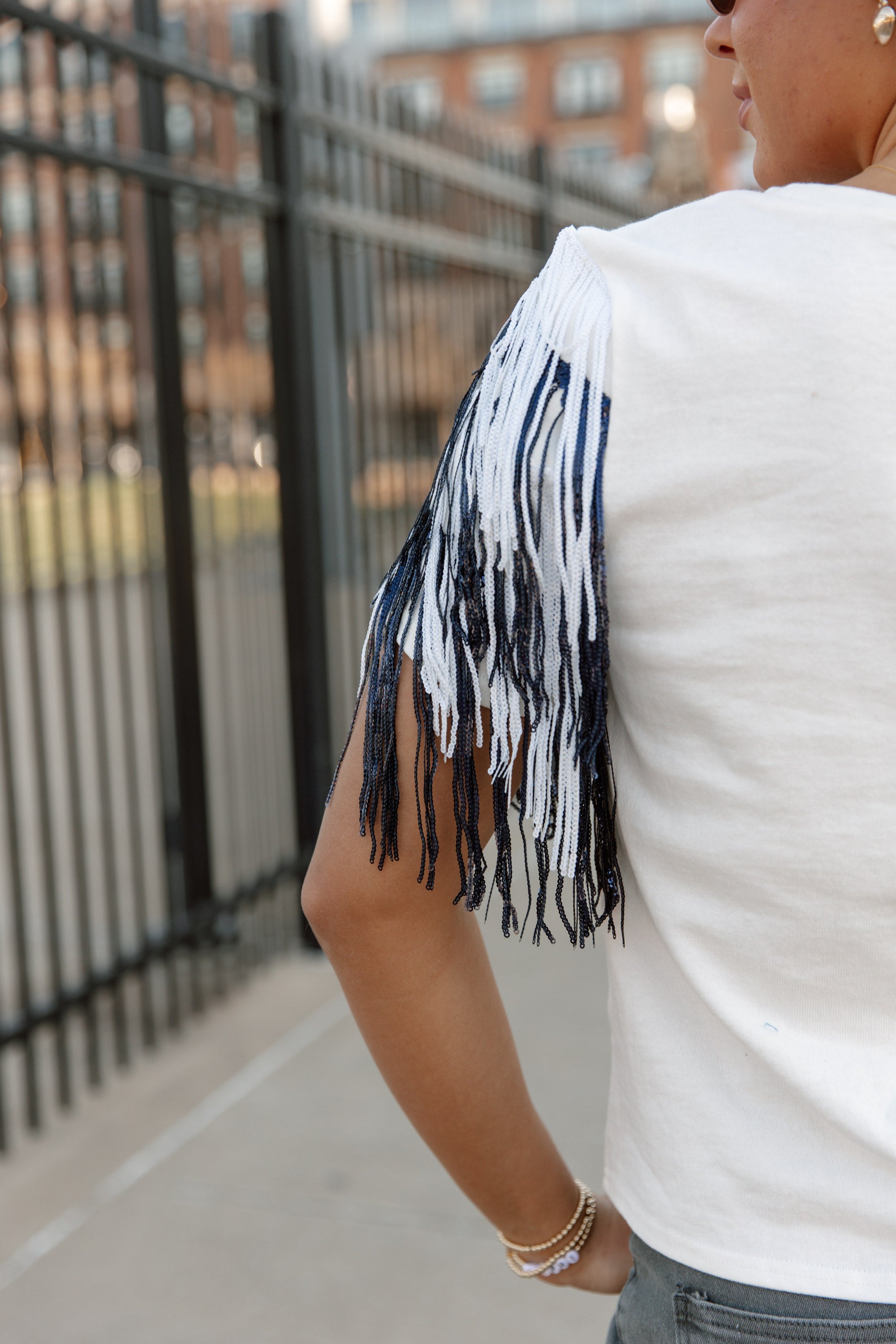 REBEL SEQUIN FRINGE SHORT SLEEVE BLOUSE