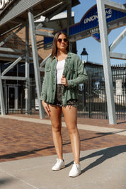READY FOR SPRING NIGHTS WAFFLE SHACKET IN DARK GREEN