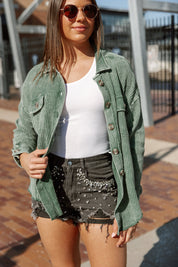 READY FOR SPRING NIGHTS WAFFLE SHACKET IN DARK GREEN