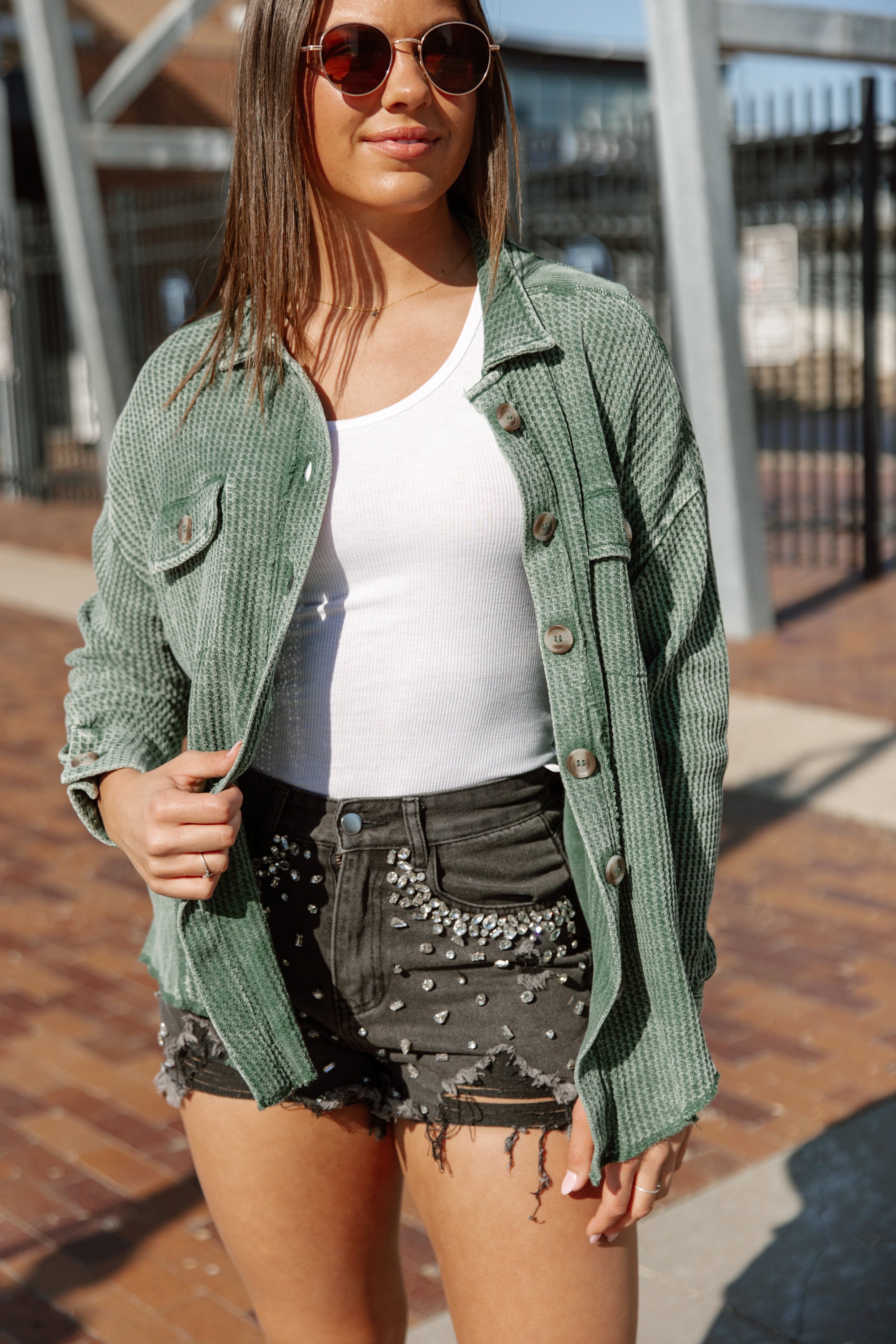 READY FOR SPRING NIGHTS WAFFLE SHACKET IN DARK GREEN