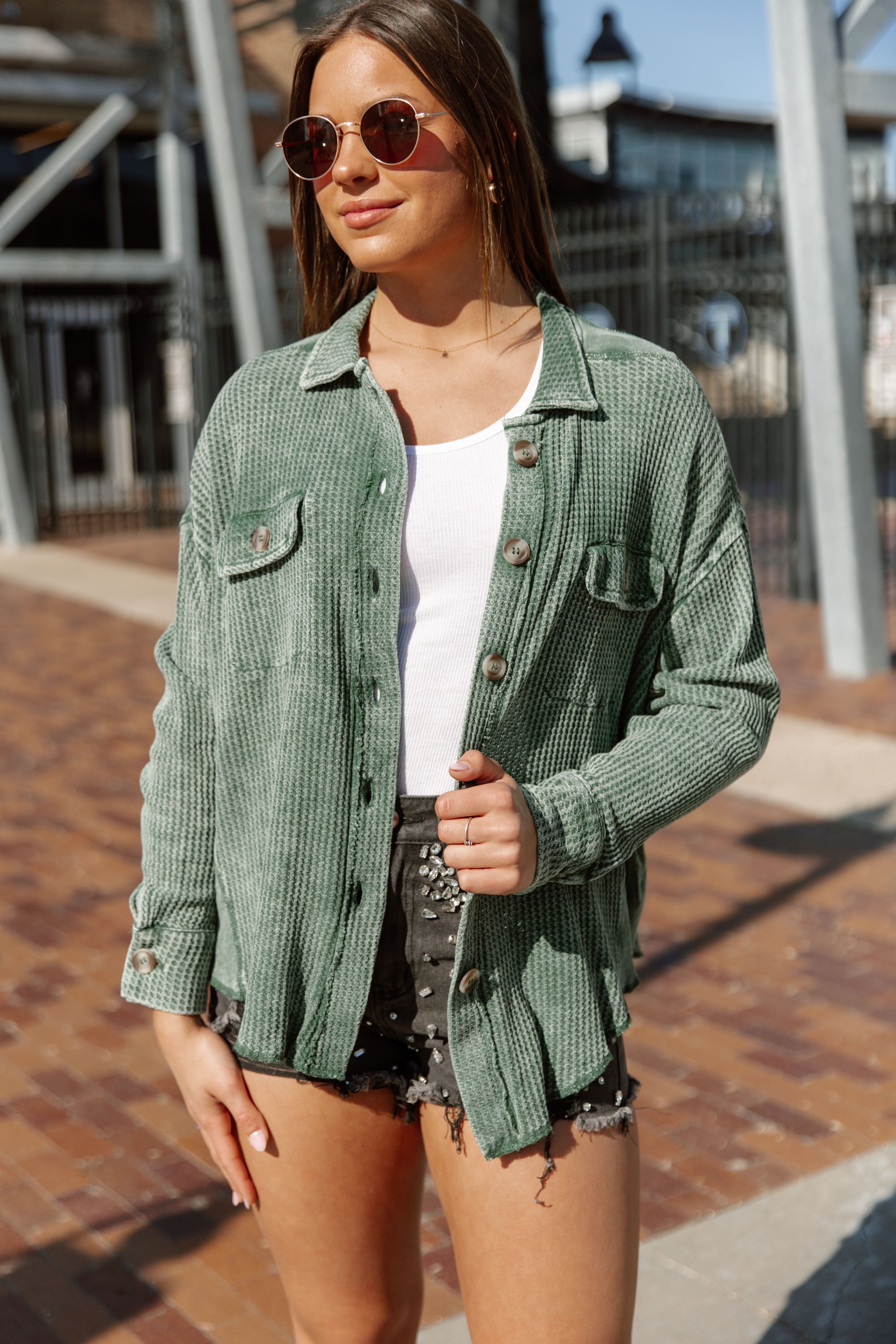 READY FOR SPRING NIGHTS WAFFLE SHACKET IN DARK GREEN