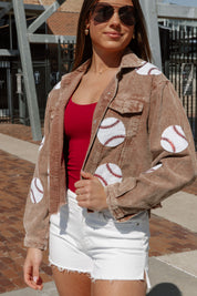 PITCH PERFECT EMBELLISHED BASEBALL CORDED JACKET IN BROWN