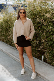 ZIP COZY CROP SWEATSHIRT IN TAUPE