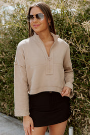 ZIP COZY CROP SWEATSHIRT IN TAUPE
