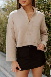 ZIP COZY CROP SWEATSHIRT IN TAUPE