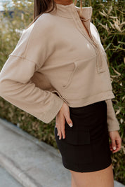 ZIP COZY CROP SWEATSHIRT IN TAUPE