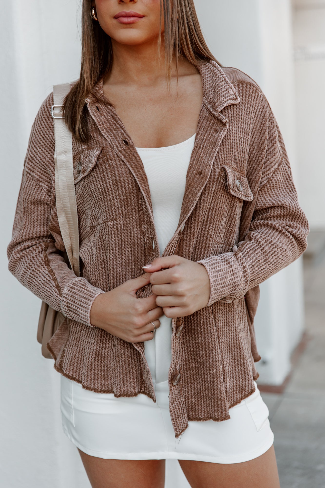 READY FOR SPRING NIGHTS WAFFLE SHACKET IN BROWN