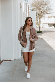 READY FOR SPRING NIGHTS WAFFLE SHACKET IN BROWN