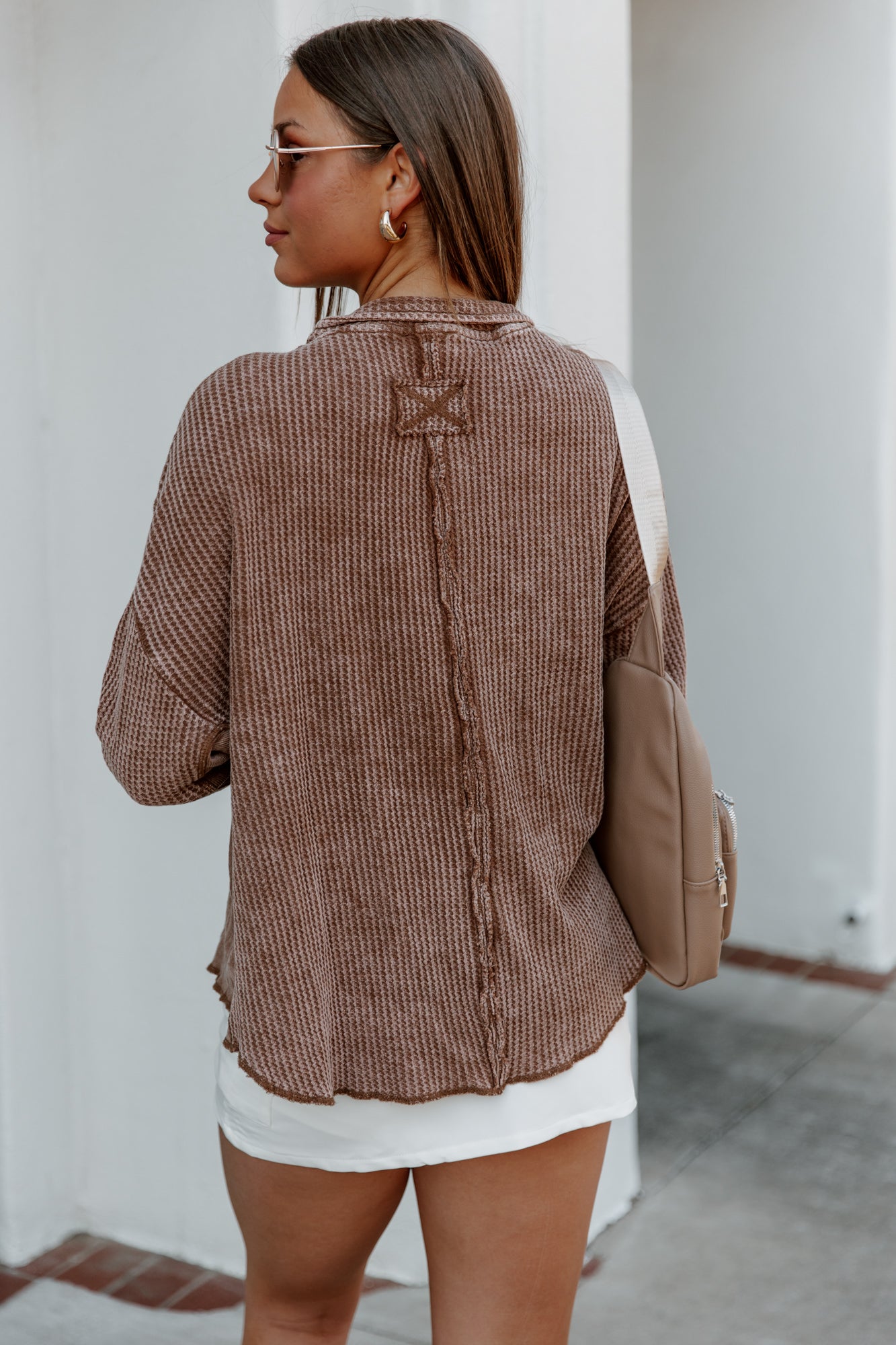 READY FOR SPRING NIGHTS WAFFLE SHACKET IN BROWN