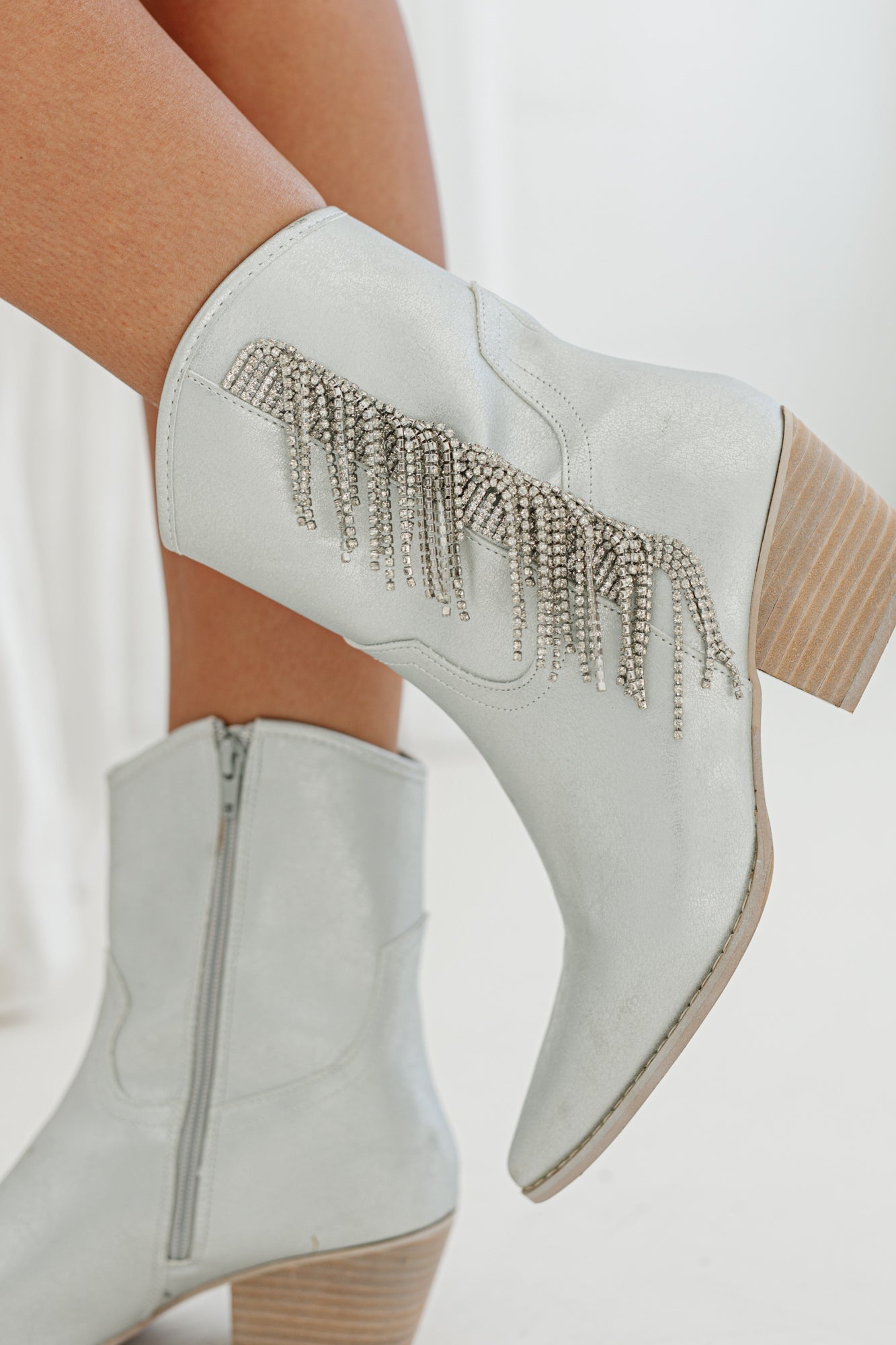 Silver Suede Crystal Fringe Booties - Close-Up Side Detail of Rhinestone Fringe | Gameday Couture - SOHO