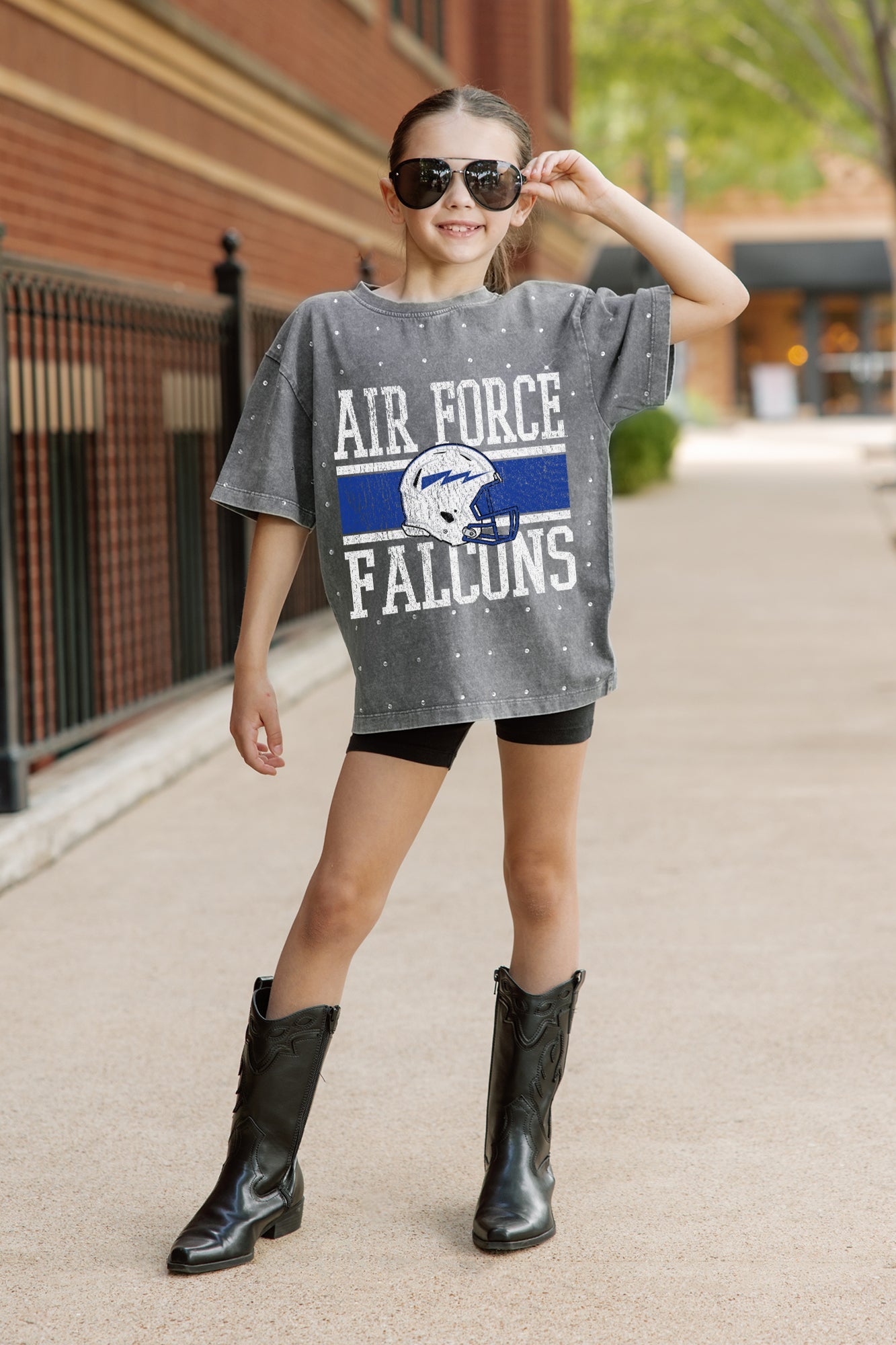 AIR FORCE FALCONS ON THE BALL KIDS MINI RHINESTONE OVERSIZED TEE
