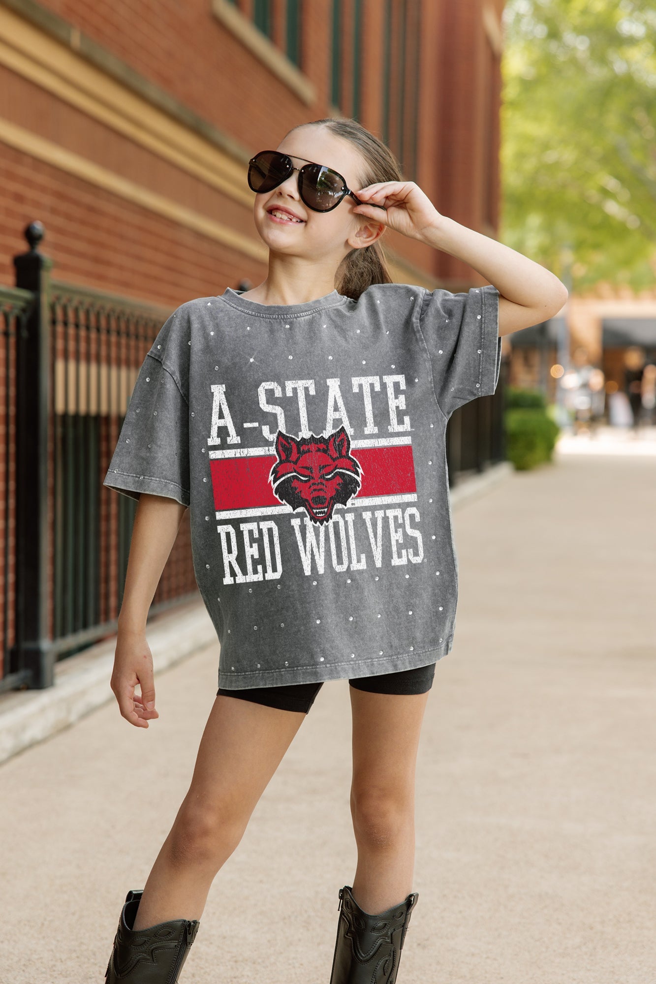 ARKANSAS STATE RED WOLVES ON THE BALL KIDS MINI RHINESTONE OVERSIZED TEE