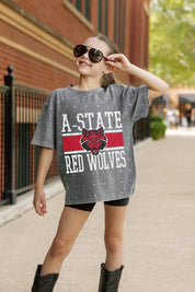 ARKANSAS STATE RED WOLVES ON THE BALL KIDS MINI RHINESTONE OVERSIZED TEE