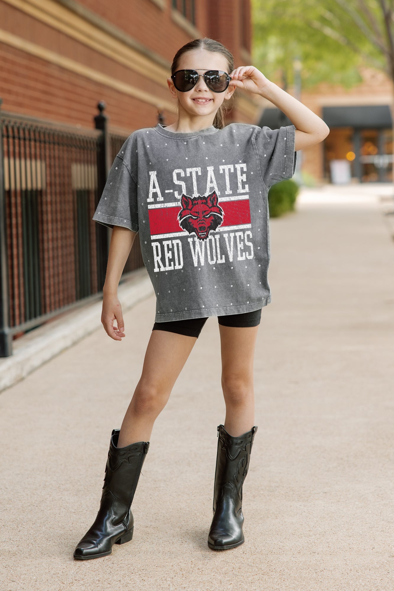 ARKANSAS STATE RED WOLVES ON THE BALL KIDS MINI RHINESTONE OVERSIZED TEE