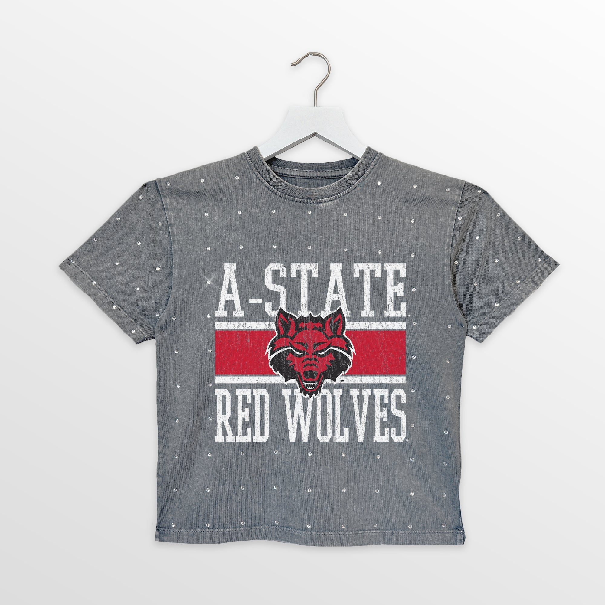 ARKANSAS STATE RED WOLVES ON THE BALL KIDS MINI RHINESTONE OVERSIZED TEE