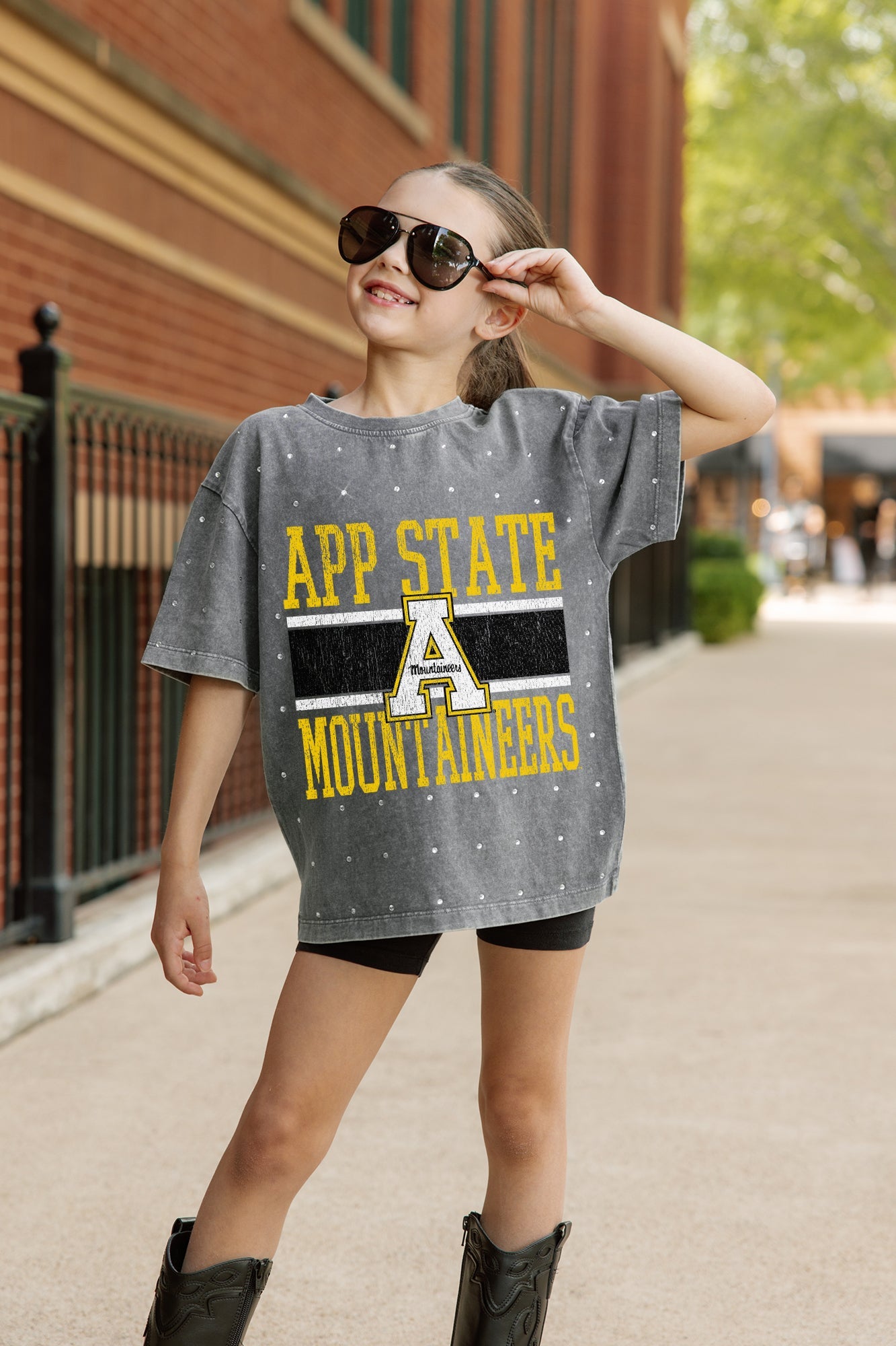APPALACHIAN STATE MOUNTAINEERS ON THE BALL KIDS MINI RHINESTONE OVERSIZED TEE