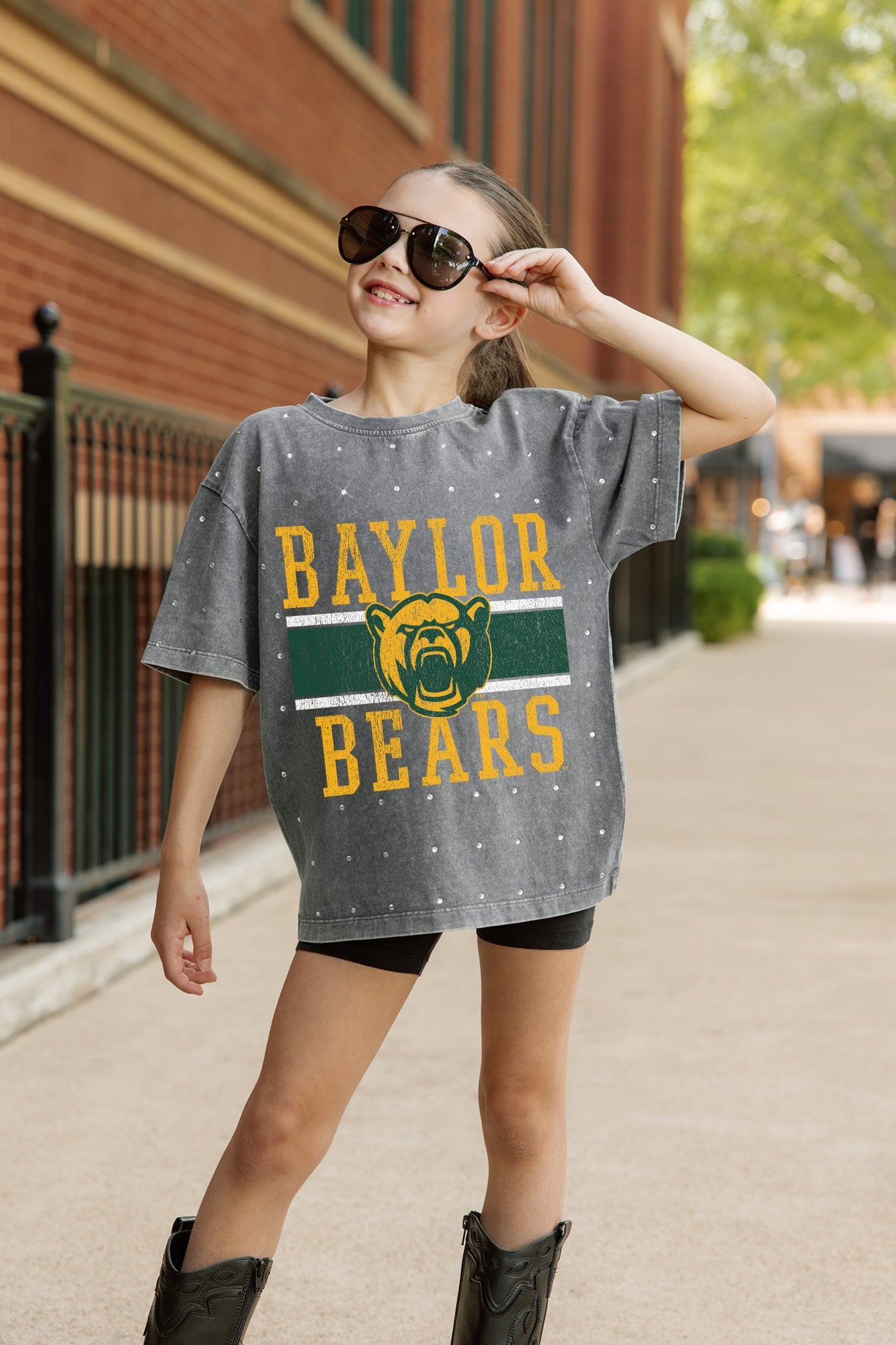BAYLOR BEARS ON THE BALL KIDS MINI RHINESTONE OVERSIZED TEE