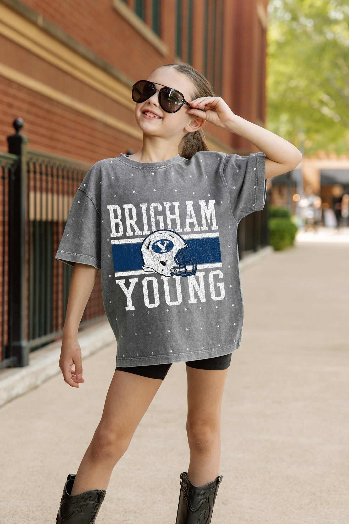 BYU COUGARS ON THE BALL KIDS MINI RHINESTONE OVERSIZED TEE