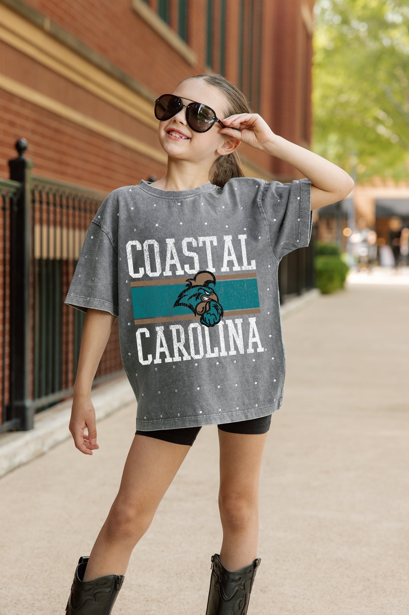 COASTAL CAROLINA CHANTICLEERS ON THE BALL KIDS MINI RHINESTONE OVERSIZED TEE