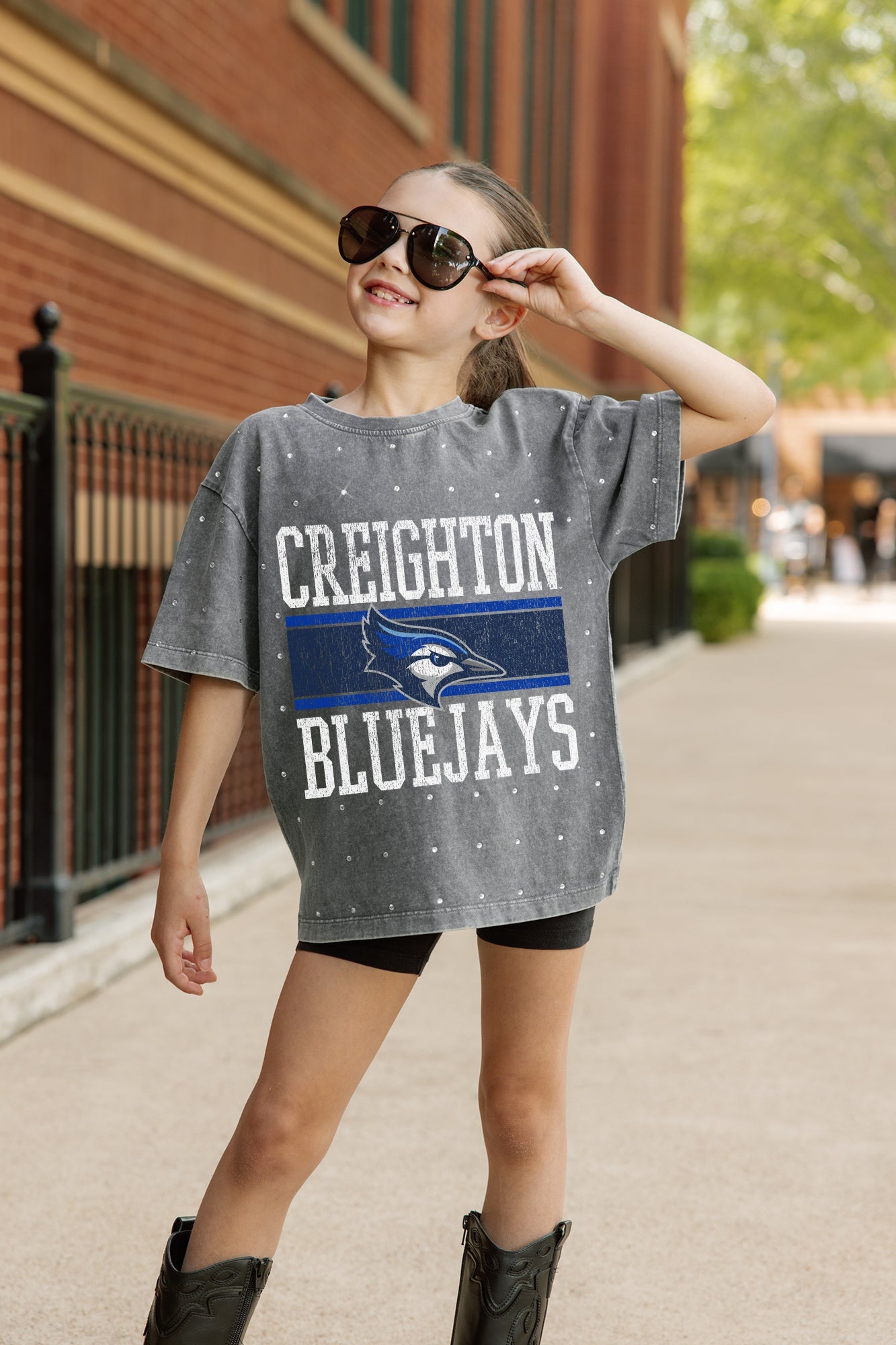 CREIGHTON BLUEJAYS ON THE BALL KIDS MINI RHINESTONE OVERSIZED TEE