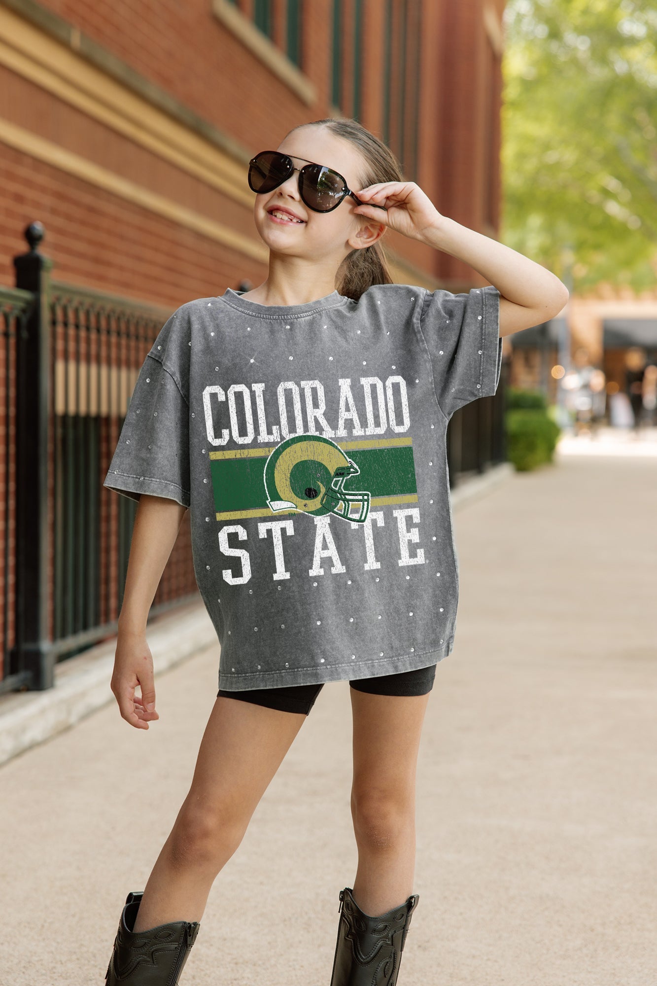 COLORADO STATE RAMS ON THE BALL KIDS MINI RHINESTONE OVERSIZED TEE