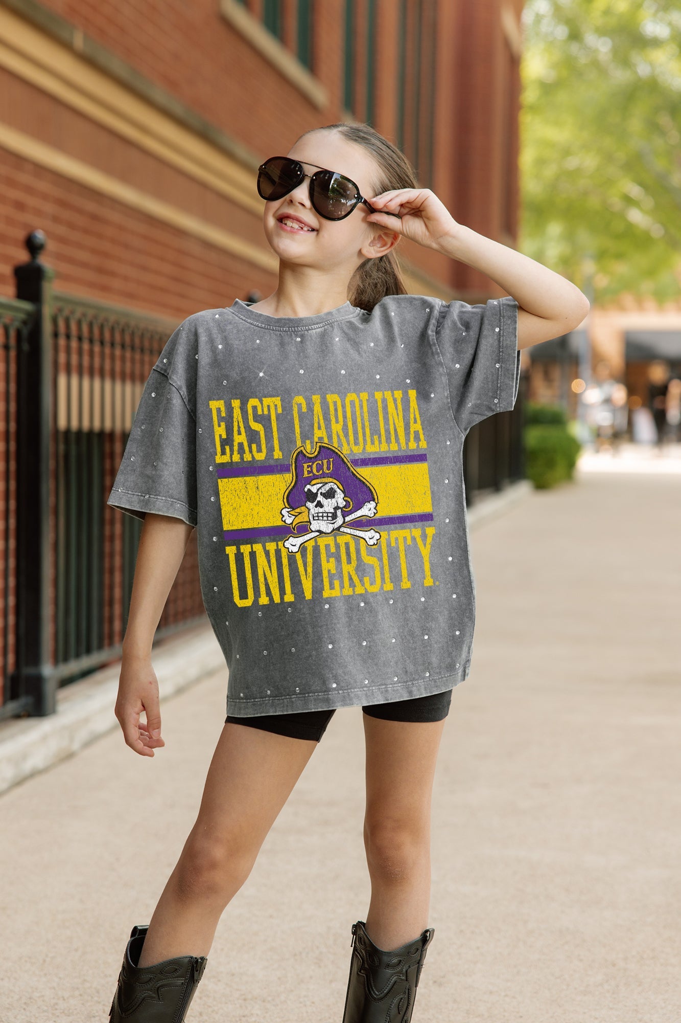 EAST CAROLINA PIRATES ON THE BALL KIDS MINI RHINESTONE OVERSIZED TEE