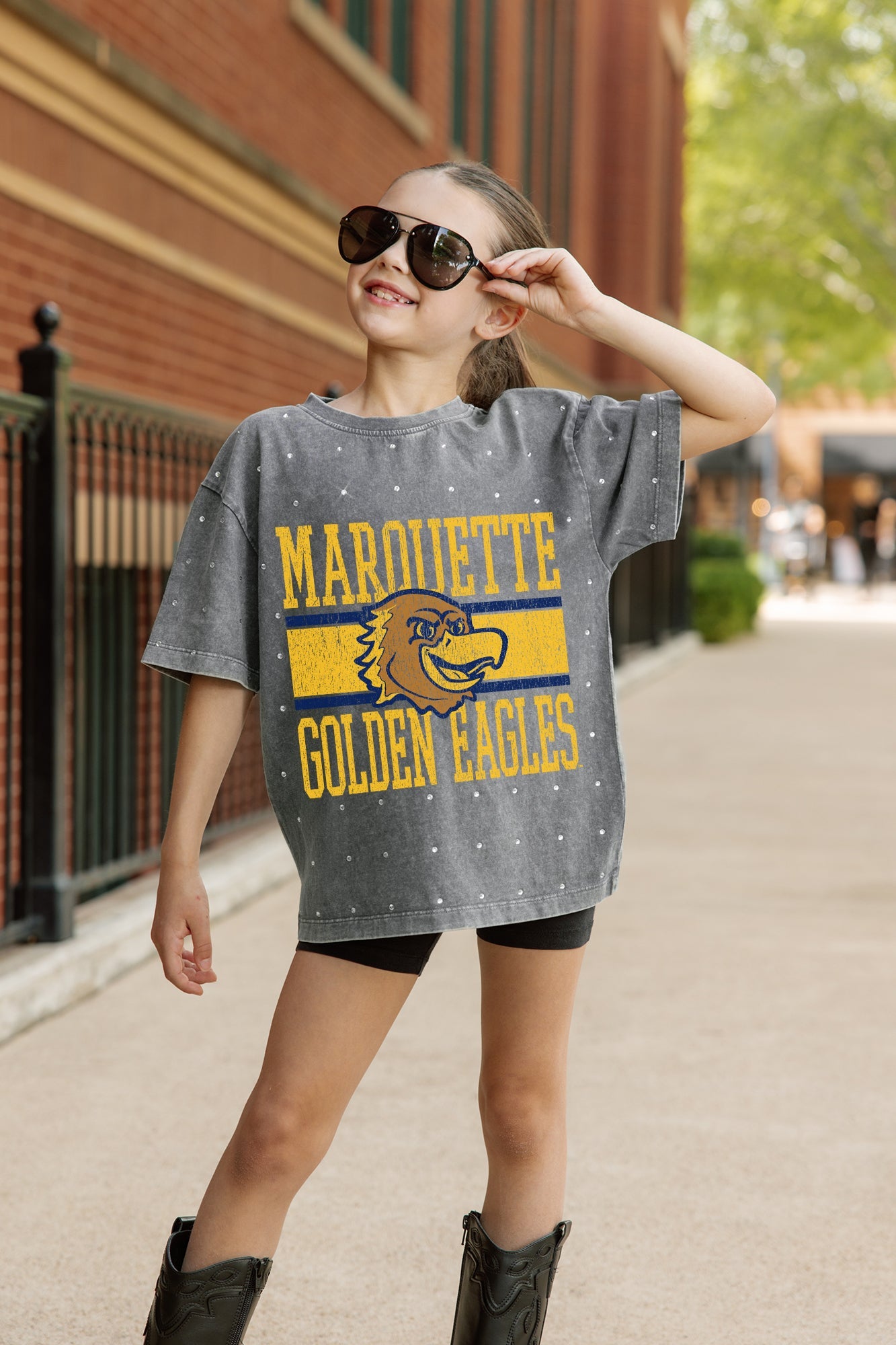 MARQUETTE GOLDEN EAGLES ON THE BALL KIDS MINI RHINESTONE OVERSIZED TEE