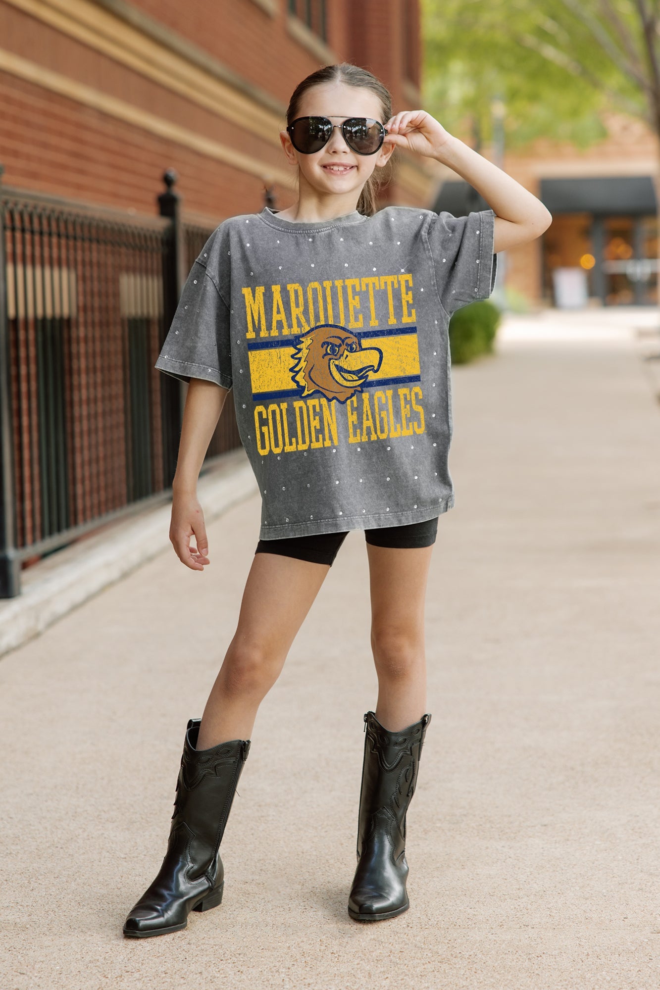 MARQUETTE GOLDEN EAGLES ON THE BALL KIDS MINI RHINESTONE OVERSIZED TEE