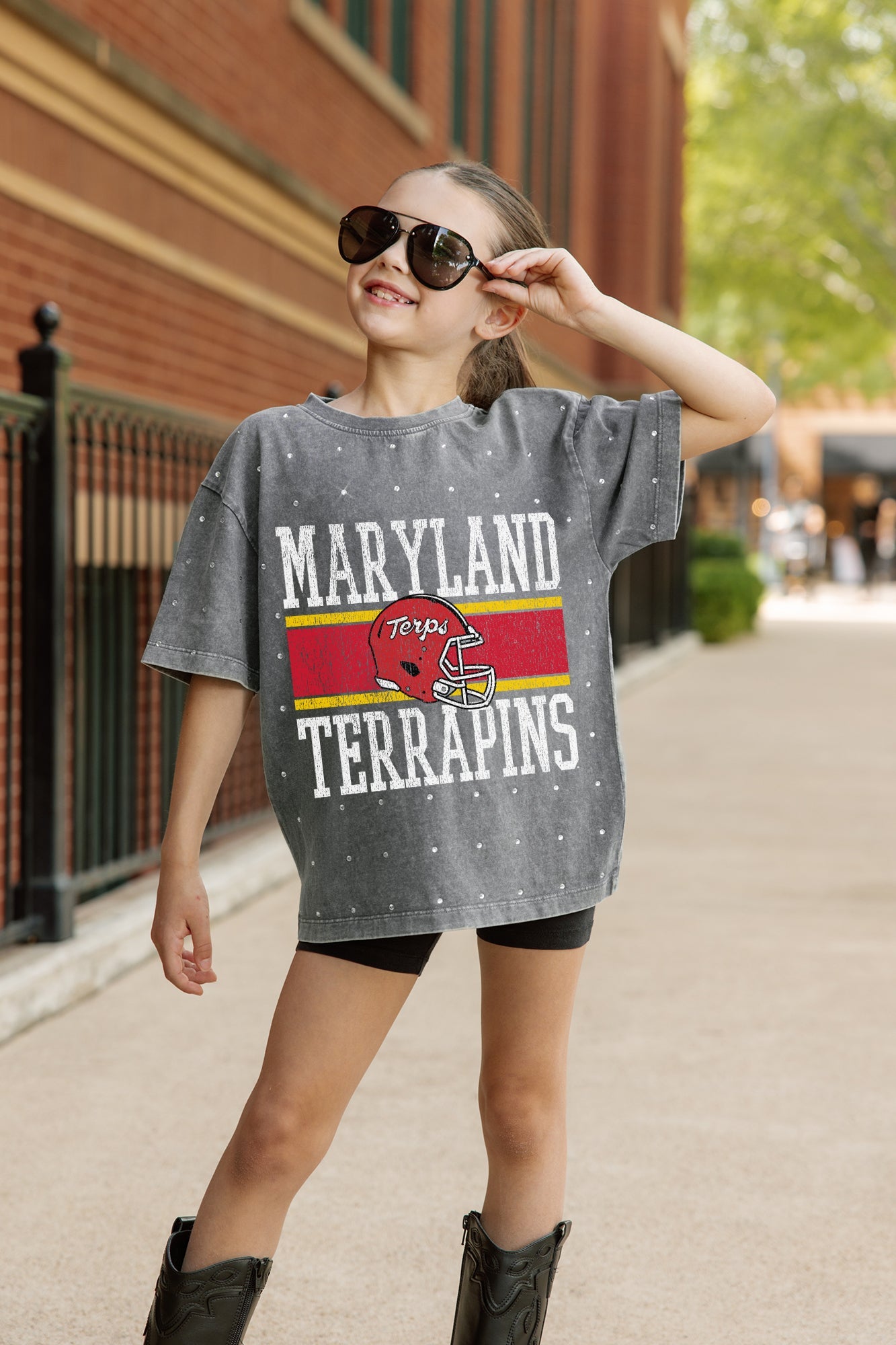 MARYLAND TERRAPINS ON THE BALL KIDS MINI RHINESTONE OVERSIZED TEE