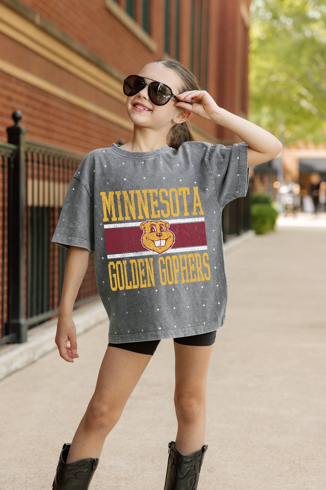 MINNESOTA GOLDEN GOPHERS ON THE BALL KIDS MINI RHINESTONE OVERSIZED TEE