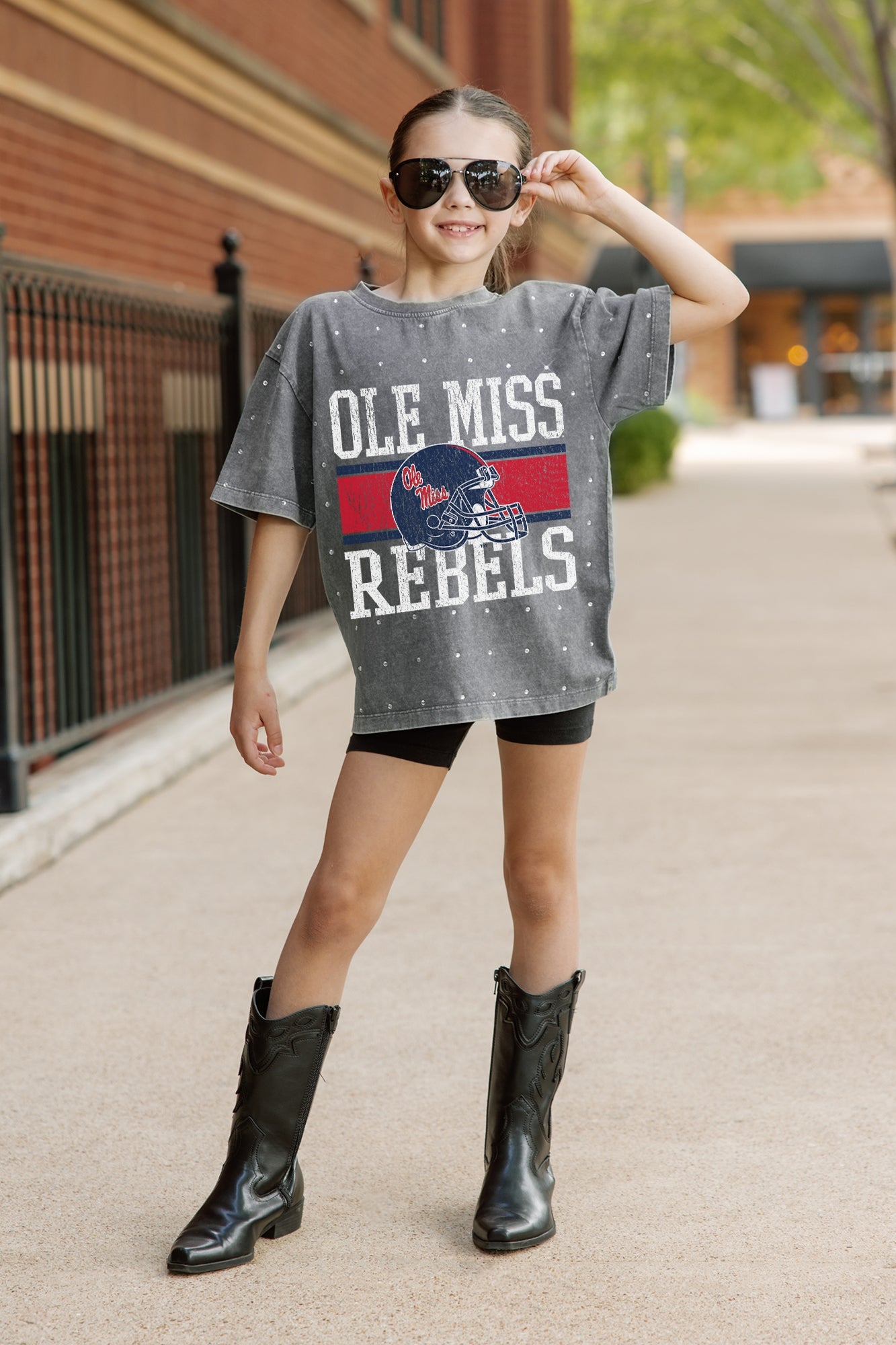 OLE MISS REBELS ON THE BALL KIDS MINI RHINESTONE OVERSIZED TEE