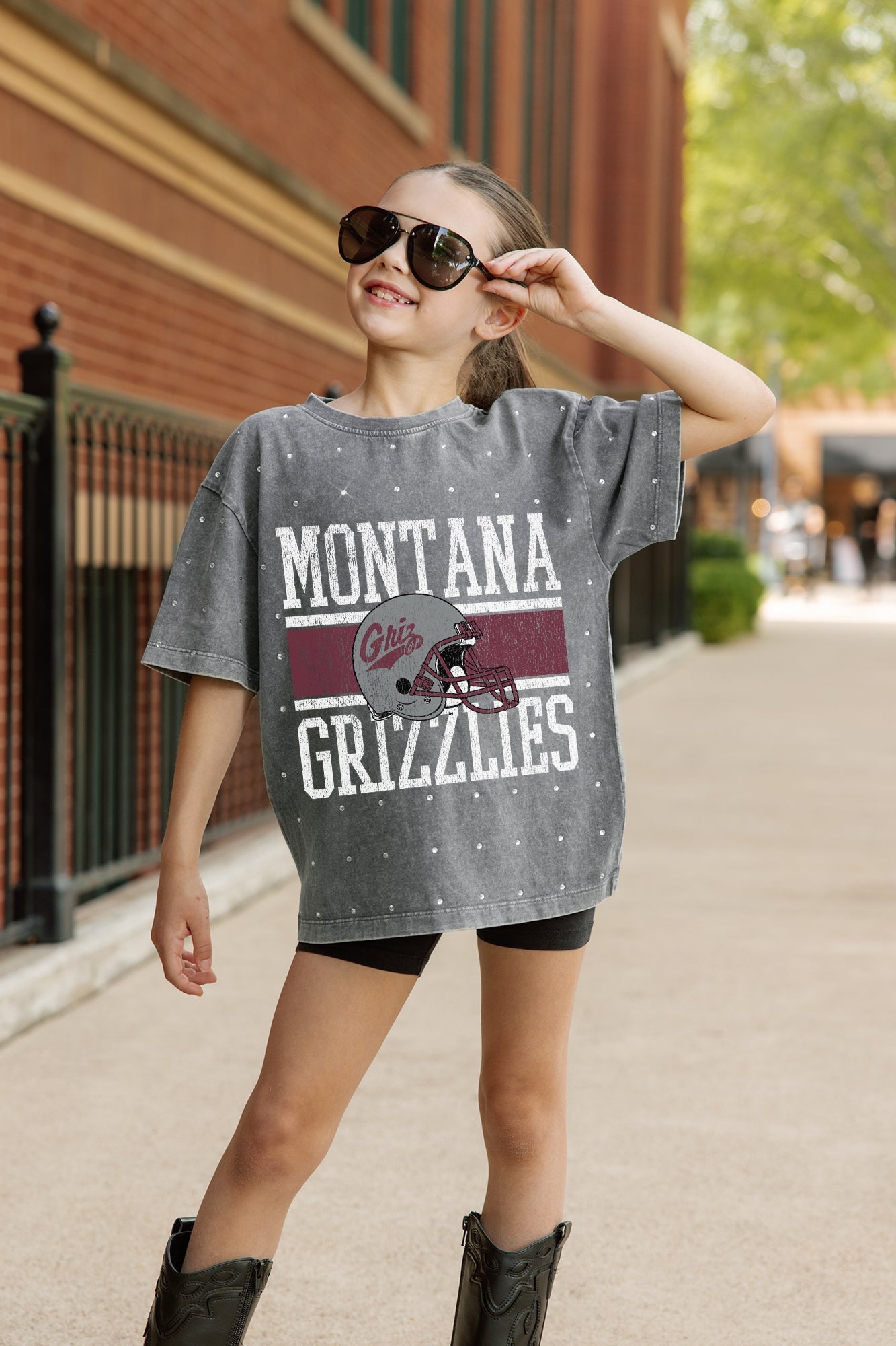 MONTANA GRIZZLIES ON THE BALL KIDS MINI RHINESTONE OVERSIZED TEE