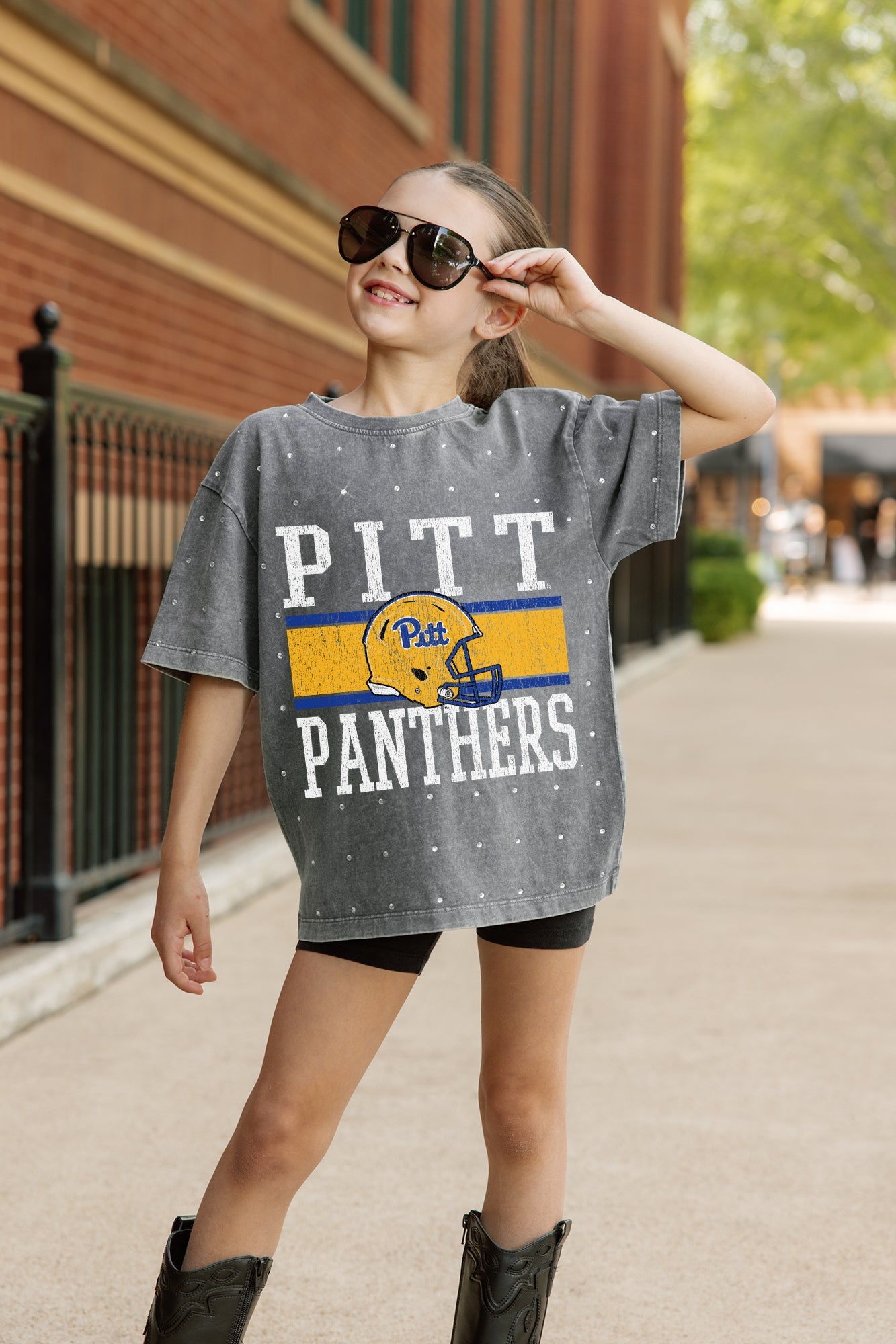 PITTSBURGH PANTHERS ON THE BALL KIDS MINI RHINESTONE OVERSIZED TEE