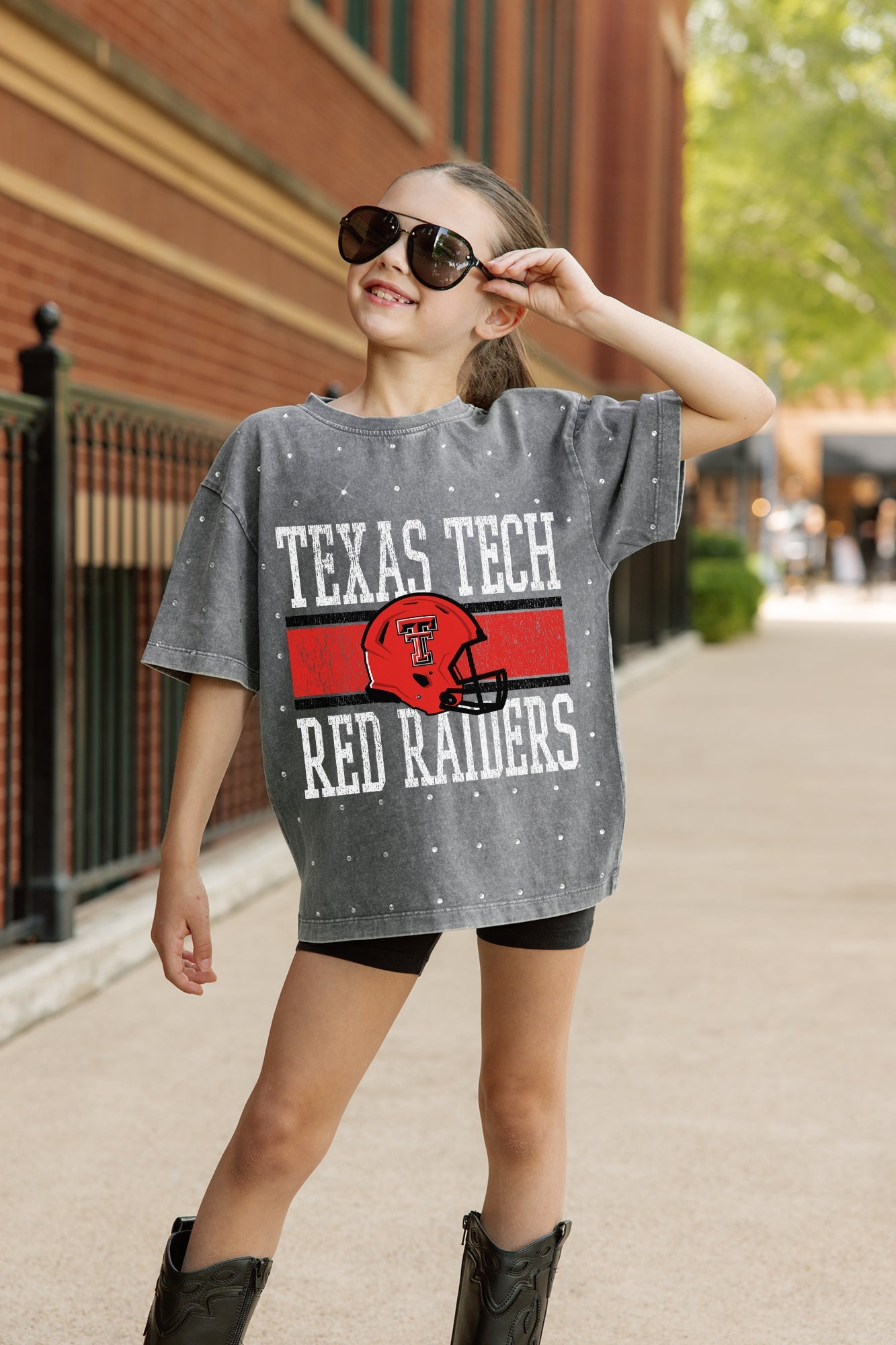 TEXAS TECH RED RAIDERS ON THE BALL KIDS MINI RHINESTONE OVERSIZED TEE