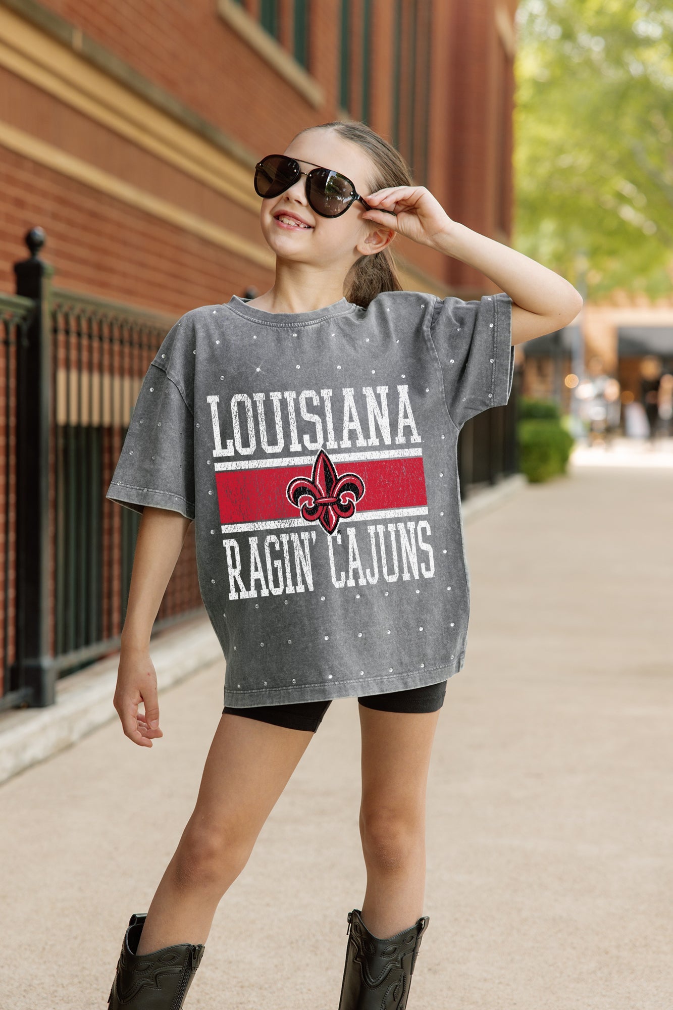 LOUISIANA RAGIN' CAJUNS ON THE BALL KIDS MINI RHINESTONE OVERSIZED TEE
