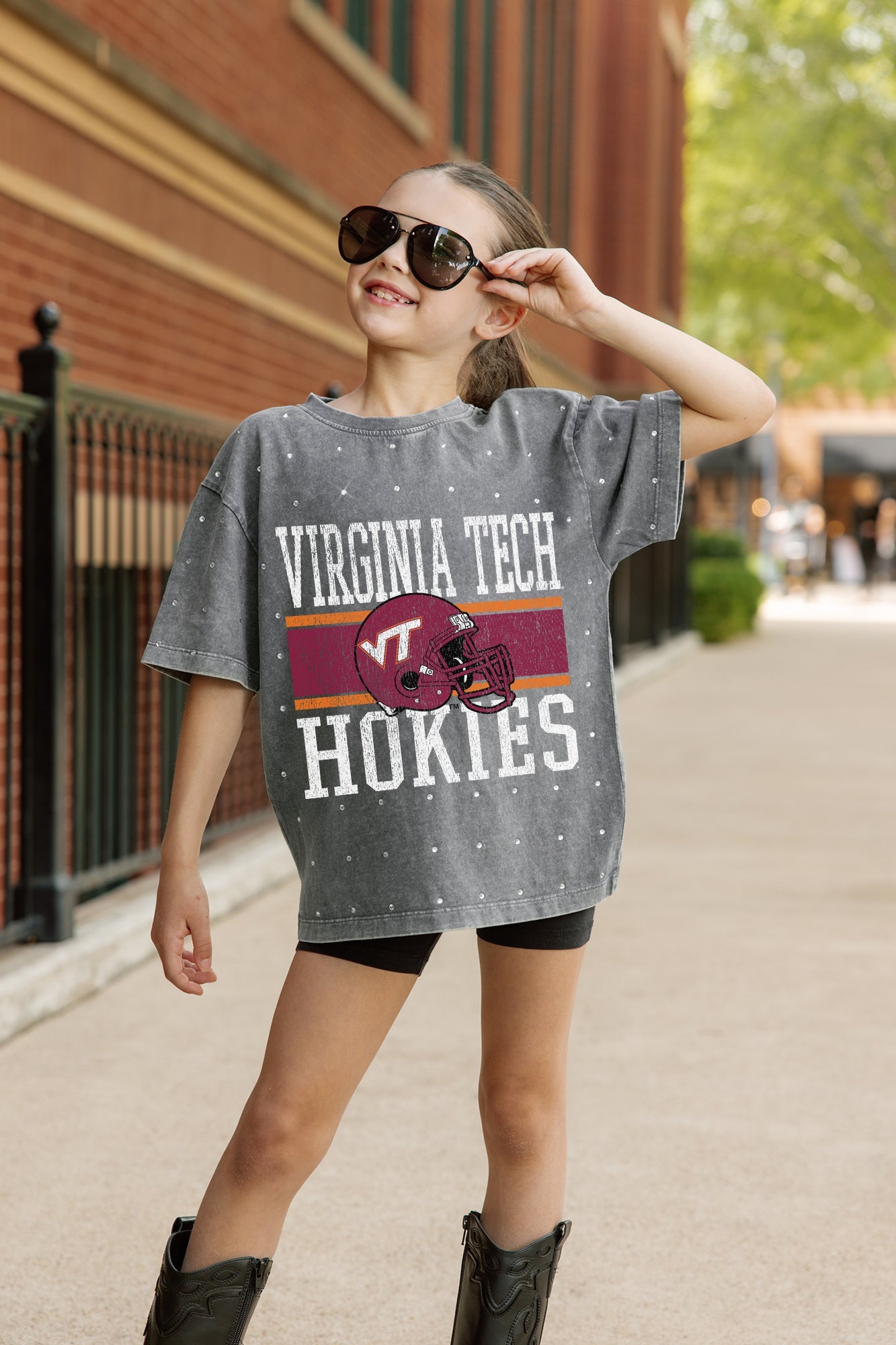 VIRGINIA TECH HOKIES ON THE BALL KIDS MINI RHINESTONE OVERSIZED TEE