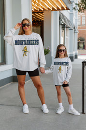 WEST VIRGINIA MOUNTAINEERS BIG GOALS KIDS DROP SHOULDER LONG SLEEVE TEE WITH RIBBED NECKLINE AND CUFFS