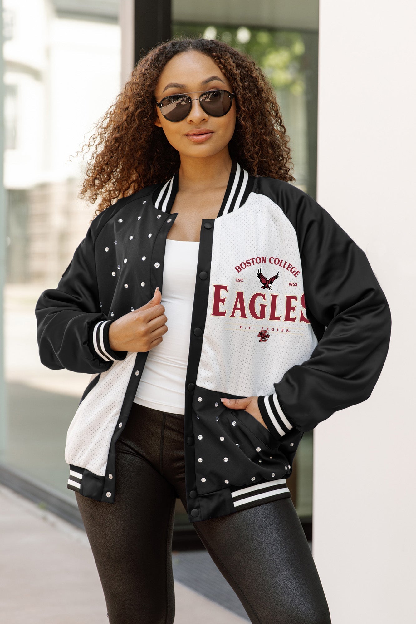 Black/White Boston College Eagles INNER DRIVE Varsity Bomber Jacket - On Model Open Front Detail | Gameday Couture - SOHO