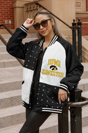 IOWA HAWKEYES REFINED RIVALRY THROWBACK VARSITY BOMBER JACKET