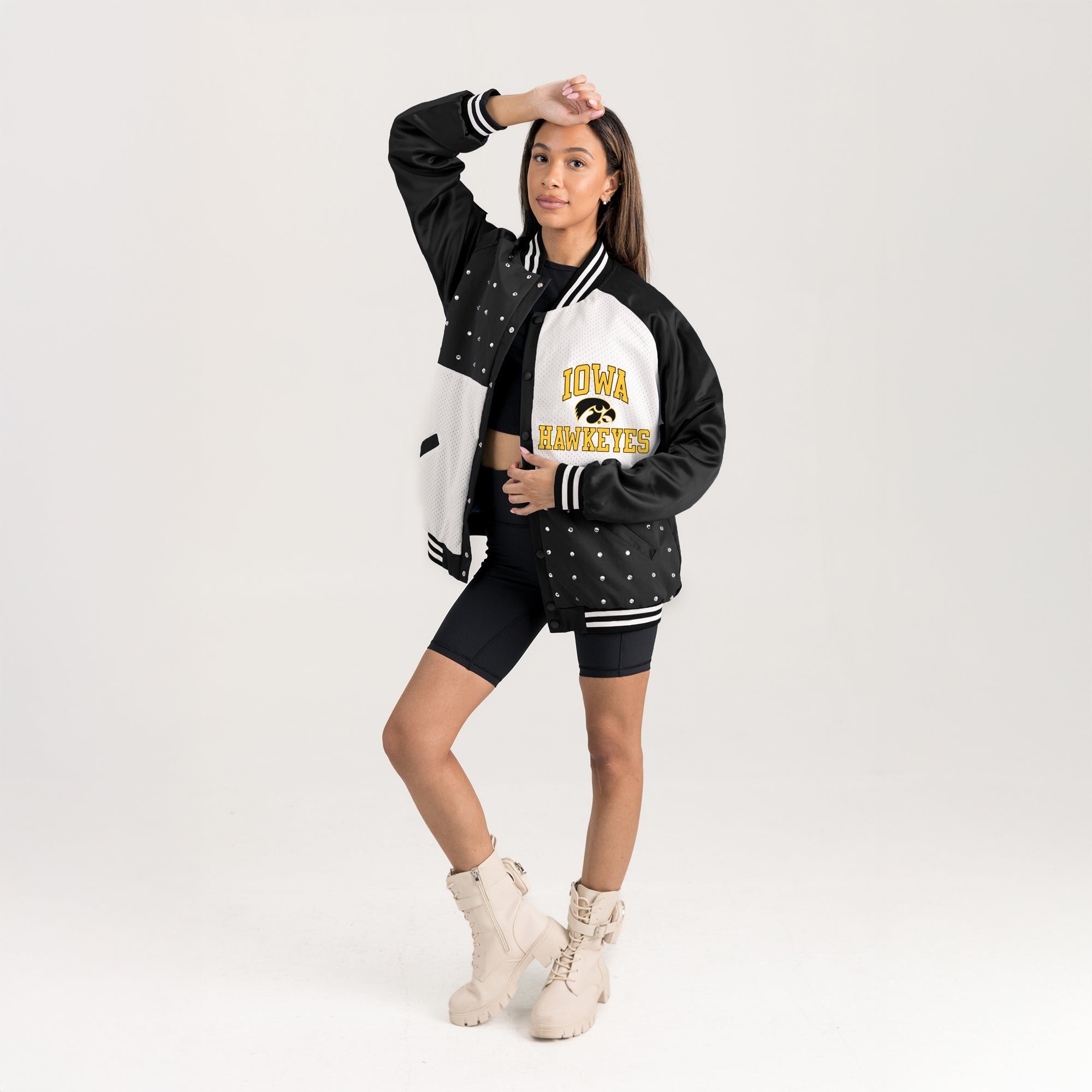 IOWA HAWKEYES REFINED RIVALRY THROWBACK VARSITY BOMBER JACKET