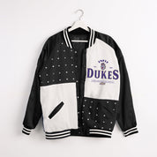 Black & White James Madison Dukes INNER DRIVE Throwback Varsity Bomber Jacket - Hanger Flat Front View | Gameday Couture - SOHO