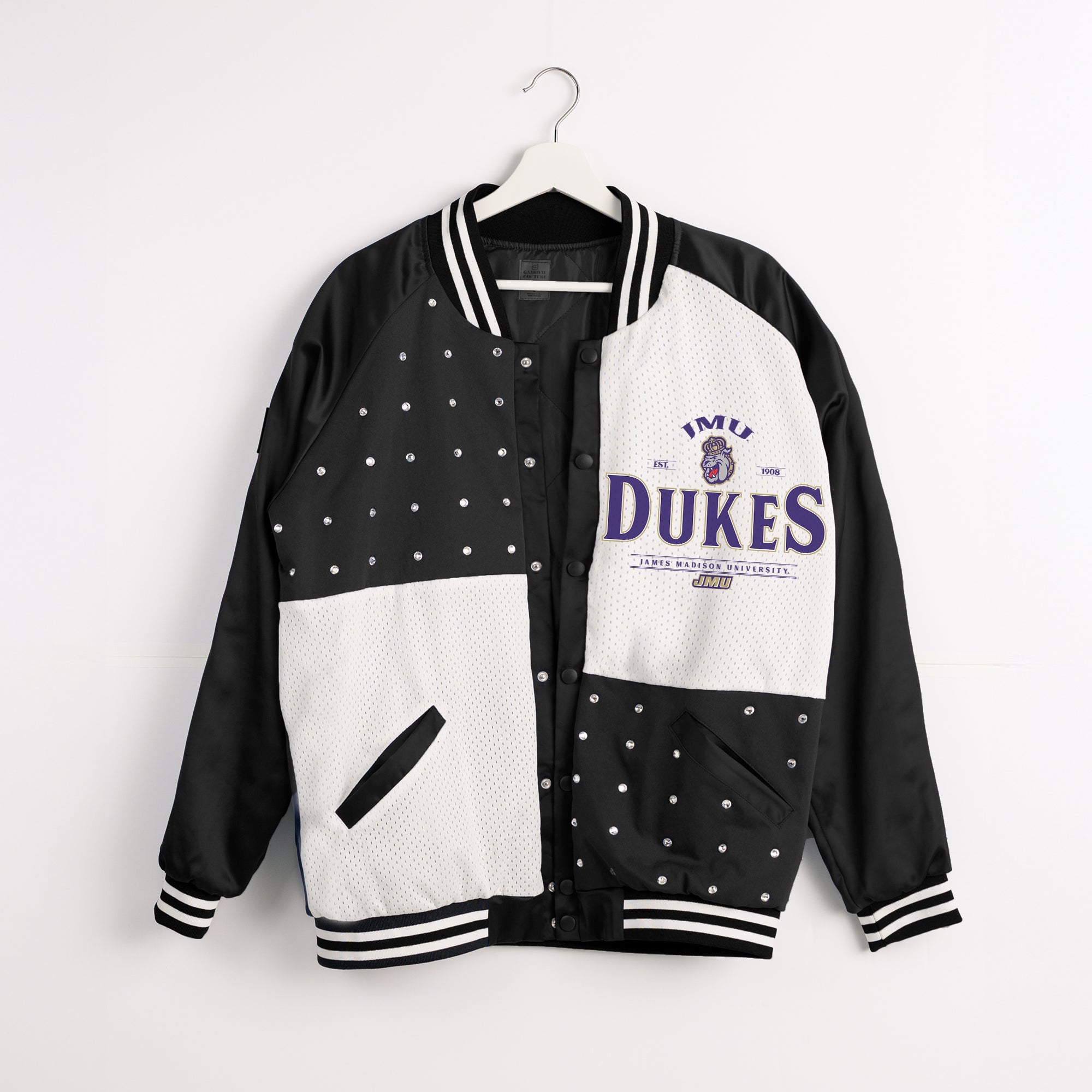 Black & White James Madison Dukes INNER DRIVE Throwback Varsity Bomber Jacket - Hanger Flat Front View | Gameday Couture - SOHO