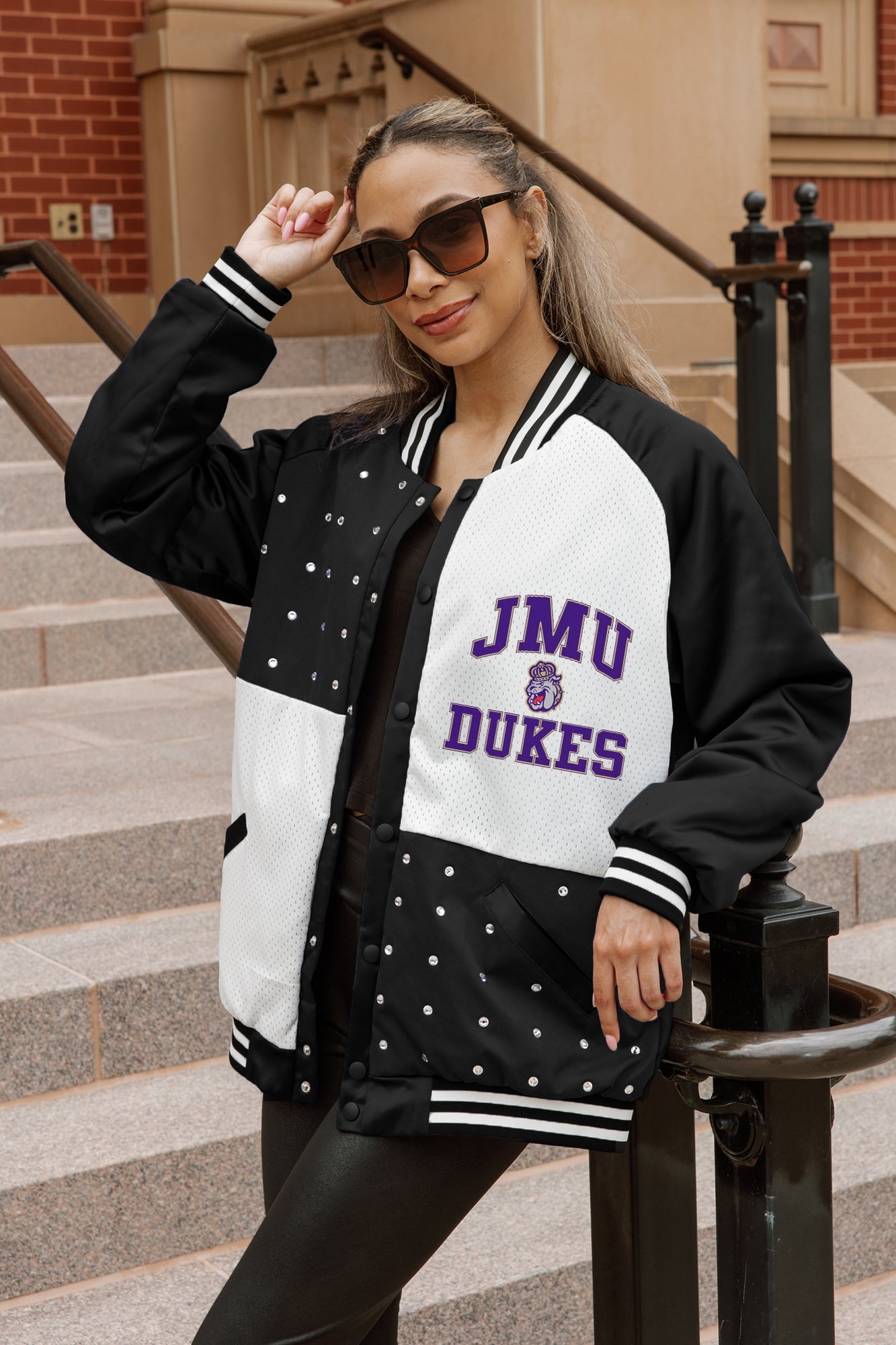 JAMES MADISON DUKES REFINED RIVALRY THROWBACK VARSITY BOMBER JACKET