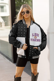 Black & White LSU Tigers Throwback Varsity Bomber - On Model Three-Quarter View, Rhinestone Inserts | Gameday Couture - SOHO