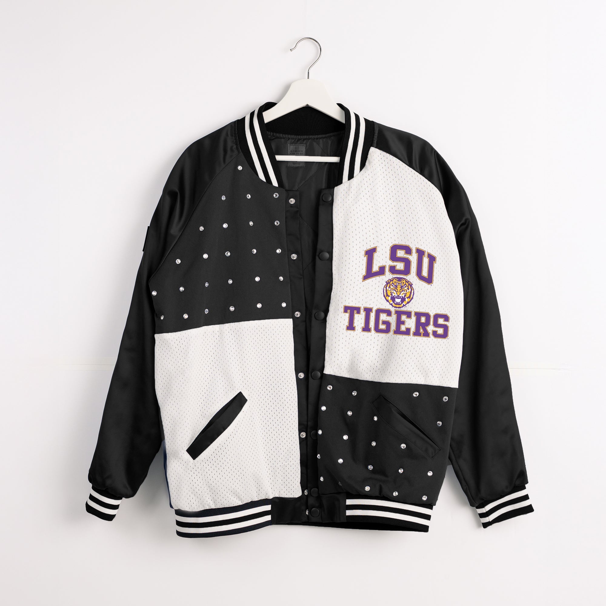 Black & White LSU Tigers Rhinestone Varsity Bomber Jacket - Hanger Flat View, Mixed Media Front | Gameday Couture - SOHO