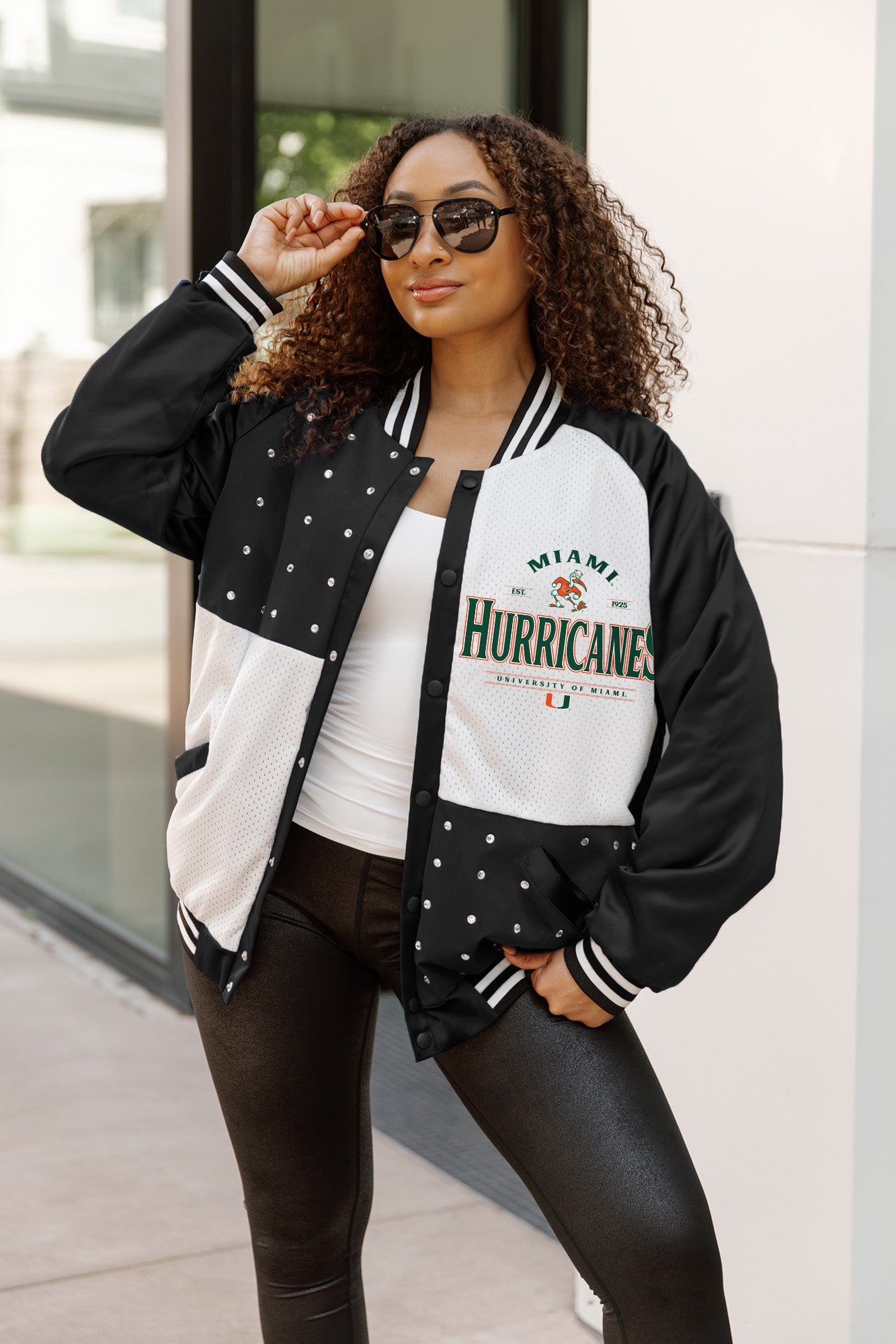 Black & White Miami Hurricanes Throwback Varsity Bomber Jacket with Rhinestones - On Model Front View | Gameday Couture - SOHO