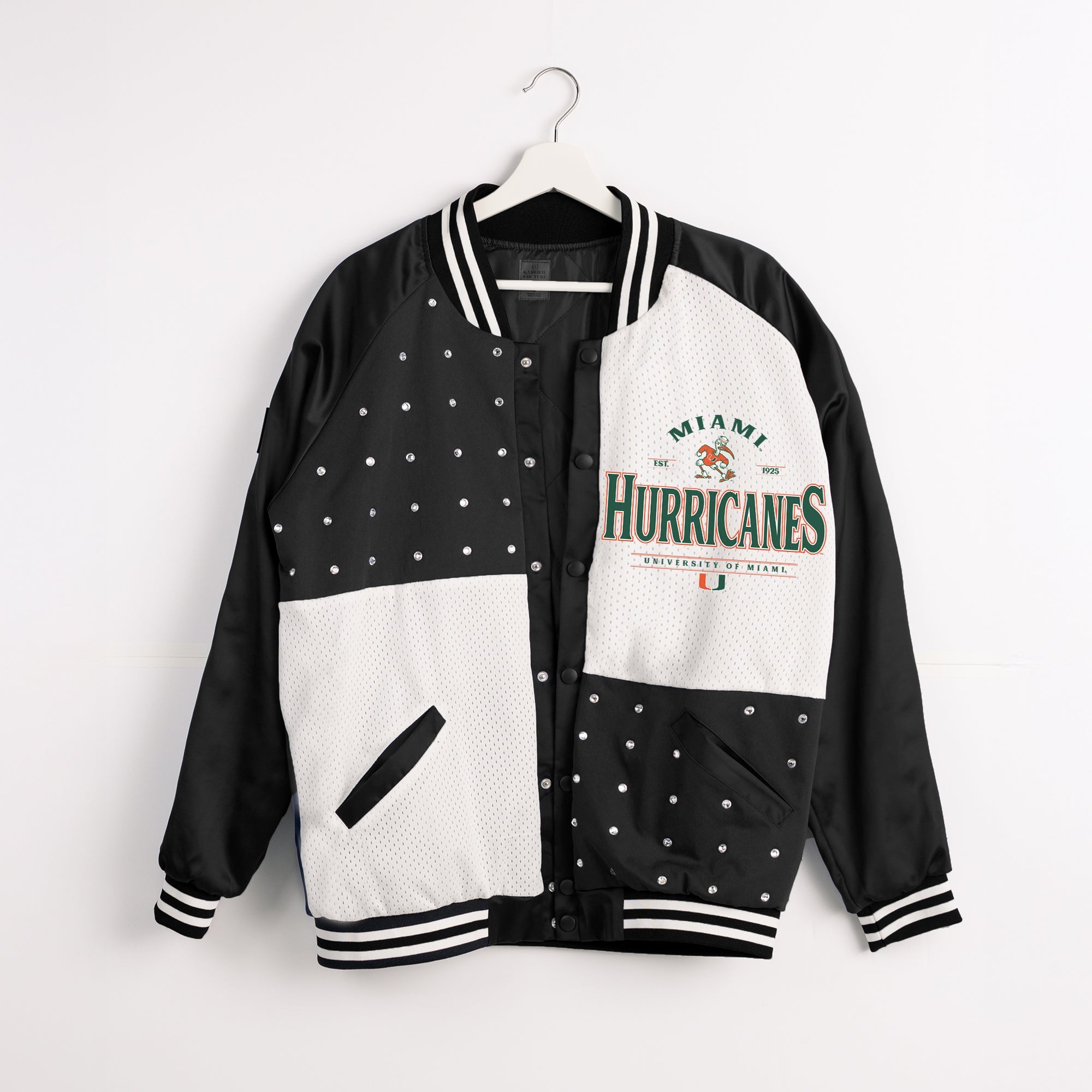 Black & White Miami Hurricanes Throwback Varsity Bomber Jacket - Flat Hanger Front View | Gameday Couture - SOHO