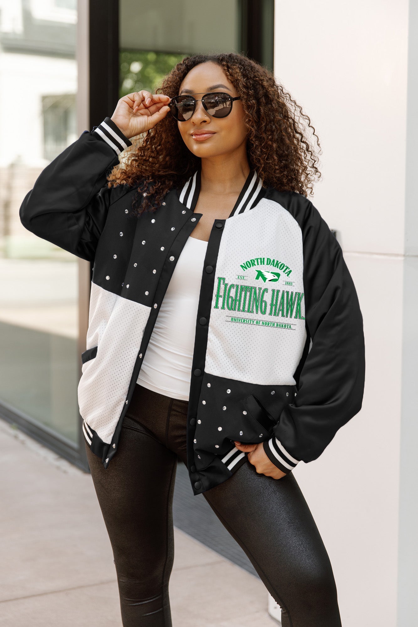 NORTH DAKOTA FIGHTING HAWKS INNER DRIVE THROWBACK VARSITY BOMBER JACKET